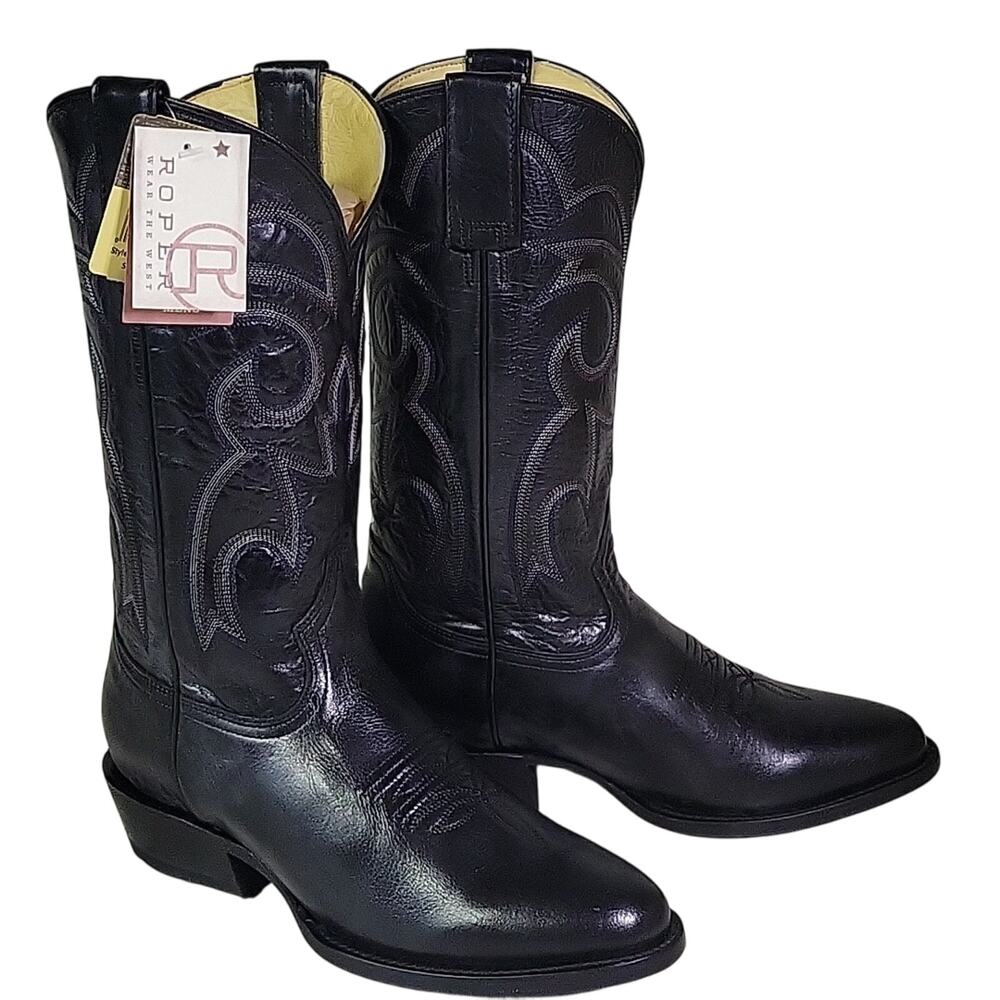 Roper Parker R Toe Black Leather Cowboy Western Boots Mens Size 7.5D NEW